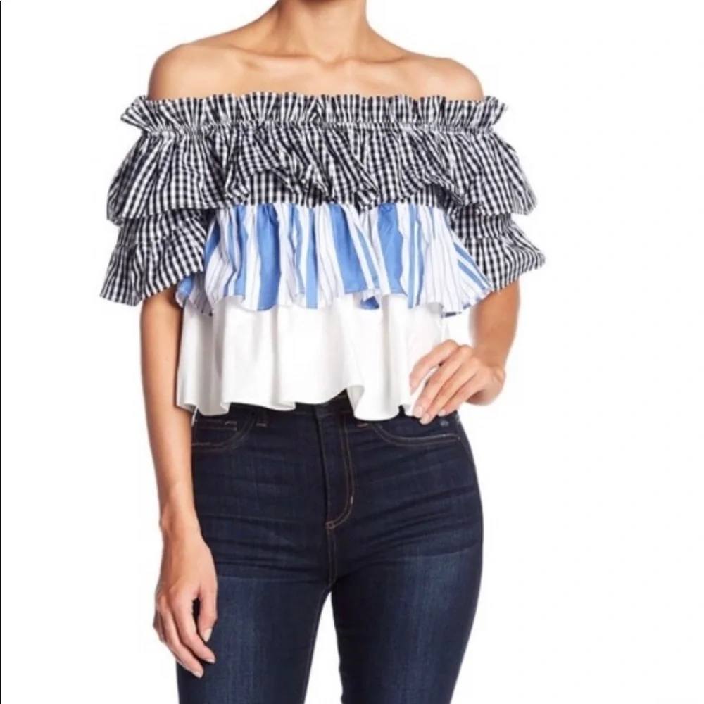Layered Ruffle Off the Shoulder Gingham Mixed Pattern Top Size Small - Picture 2 of 4